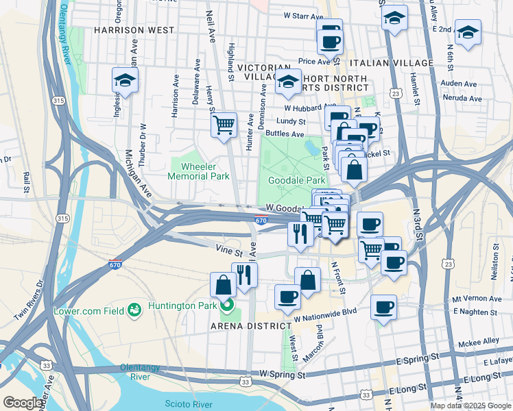 map of restaurants, bars, coffee shops, grocery stores, and more near 614 Hunter Avenue in Columbus
