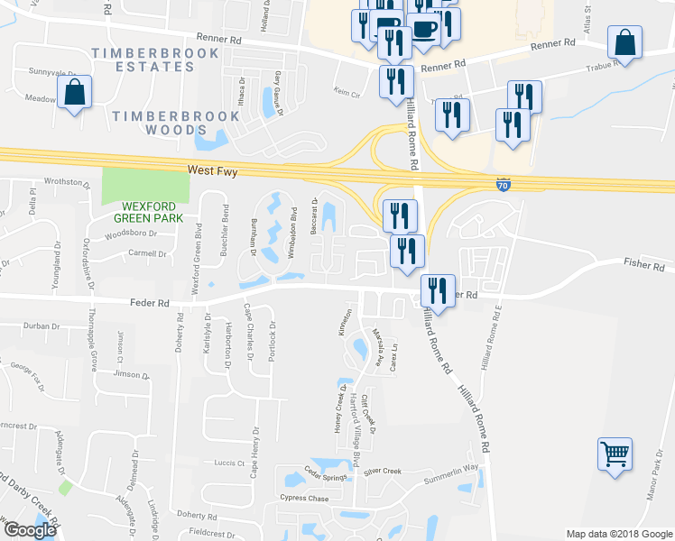 map of restaurants, bars, coffee shops, grocery stores, and more near 1064 Waterford Pointe Circle in Columbus