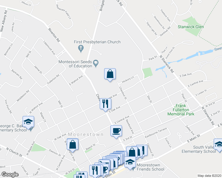map of restaurants, bars, coffee shops, grocery stores, and more near 610 Chestnut Street in Moorestown
