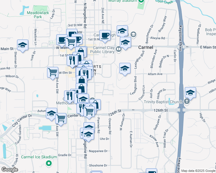 map of restaurants, bars, coffee shops, grocery stores, and more near 180 Amys Run Drive in Carmel
