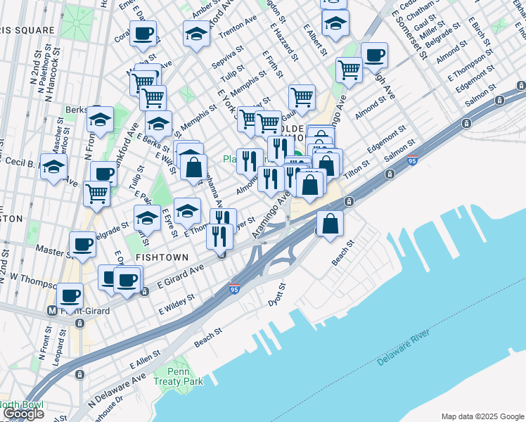 map of restaurants, bars, coffee shops, grocery stores, and more near 867 Moyer Street in Philadelphia