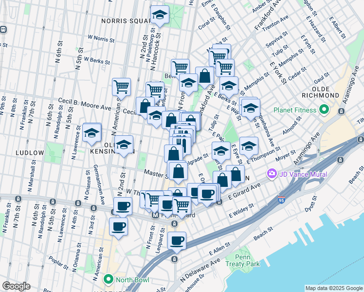 map of restaurants, bars, coffee shops, grocery stores, and more near in Philadelphia