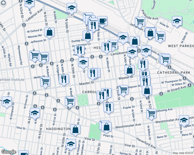 map of restaurants, bars, coffee shops, grocery stores, and more near 1422 North Frazier Street in Philadelphia
