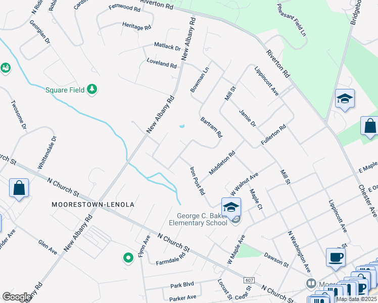 map of restaurants, bars, coffee shops, grocery stores, and more near 508 Bartram Road in Moorestown
