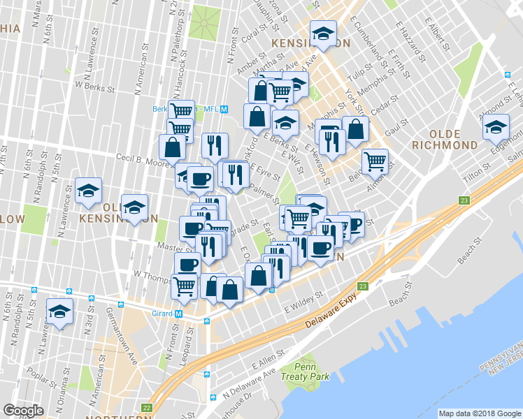 map of restaurants, bars, coffee shops, grocery stores, and more near 442 Miller Street in Philadelphia