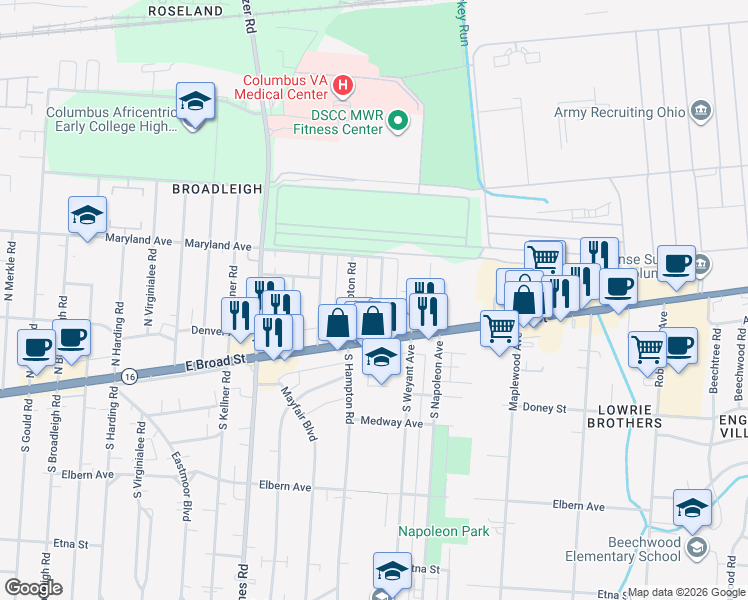 map of restaurants, bars, coffee shops, grocery stores, and more near 40 North Waverly Street in Columbus