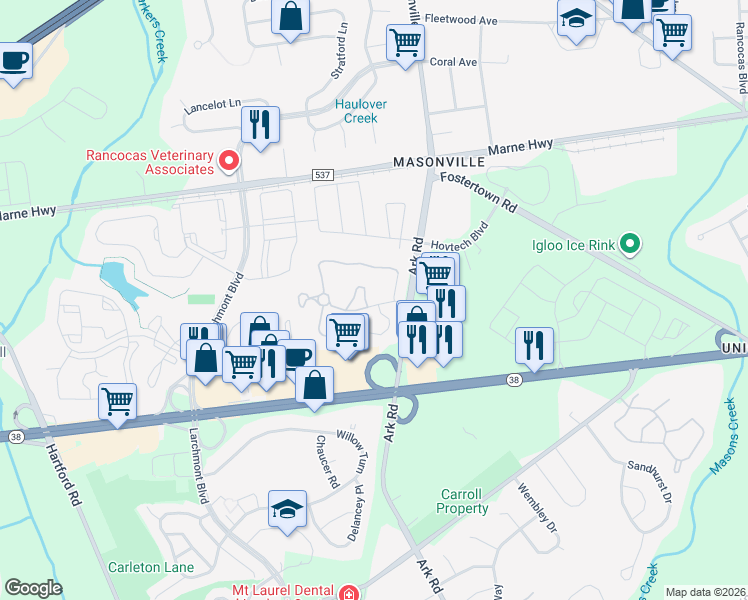map of restaurants, bars, coffee shops, grocery stores, and more near 101A Thornwood Drive in Mount Laurel Township