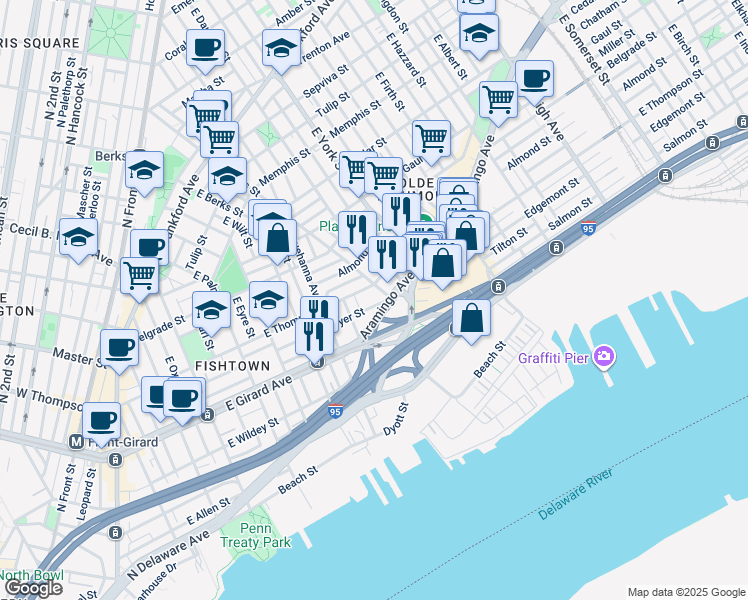 map of restaurants, bars, coffee shops, grocery stores, and more near 865 Moyer Street in Philadelphia