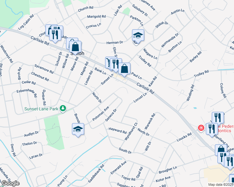 map of restaurants, bars, coffee shops, grocery stores, and more near 2270 Seneca Drive in York