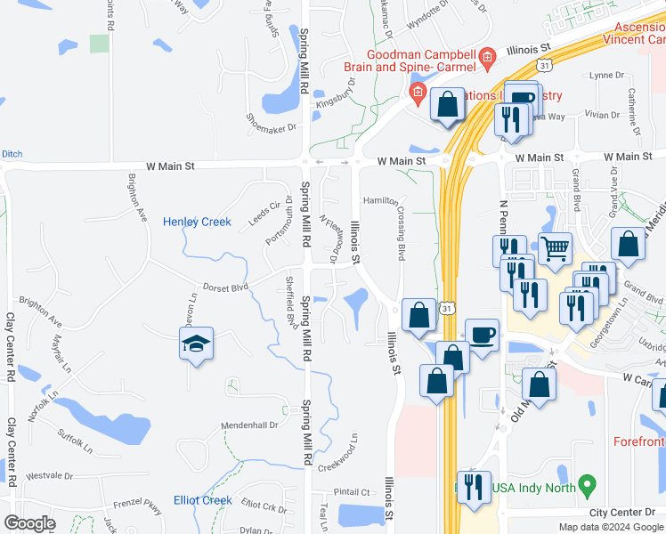 map of restaurants, bars, coffee shops, grocery stores, and more near 13066 Fleetwood Drive in Carmel