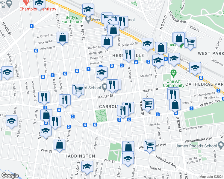 map of restaurants, bars, coffee shops, grocery stores, and more near 1426 North 57th Street in Philadelphia