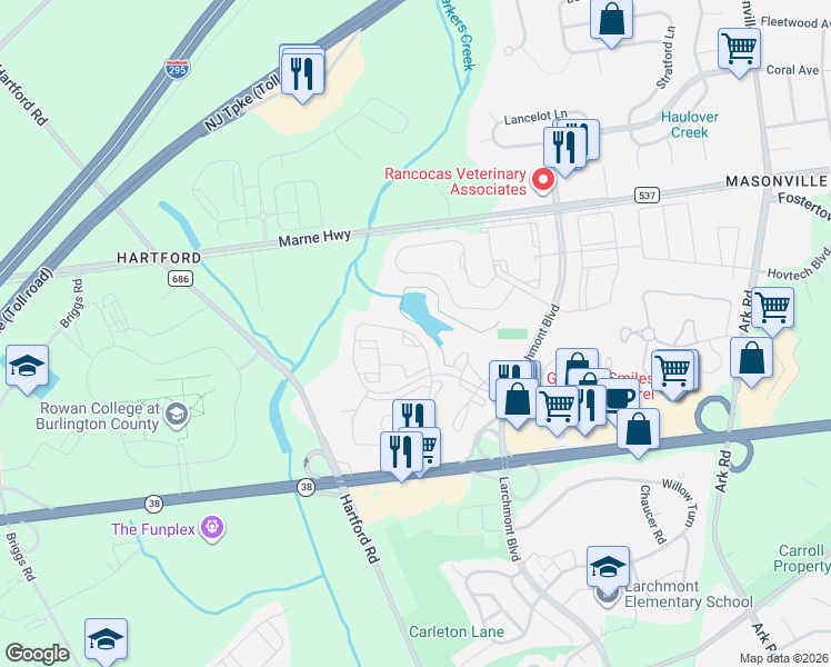 map of restaurants, bars, coffee shops, grocery stores, and more near 2717A Sussex Court in Mount Laurel Township