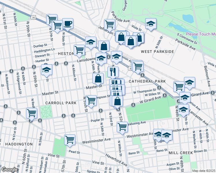 map of restaurants, bars, coffee shops, grocery stores, and more near 5232 Master Street in Philadelphia