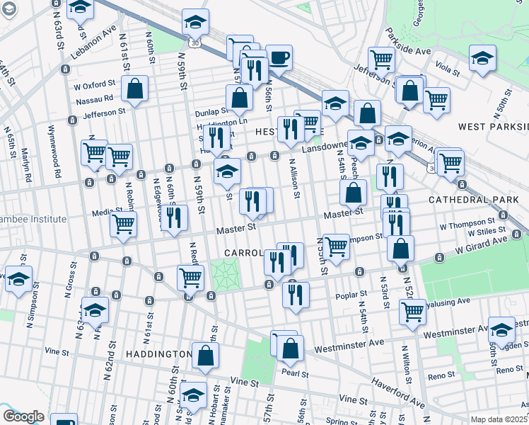 map of restaurants, bars, coffee shops, grocery stores, and more near 1422 North Frazier Street in Philadelphia