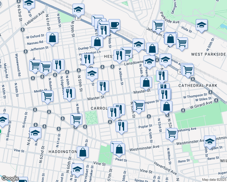 map of restaurants, bars, coffee shops, grocery stores, and more near 5623 Master Street in Philadelphia