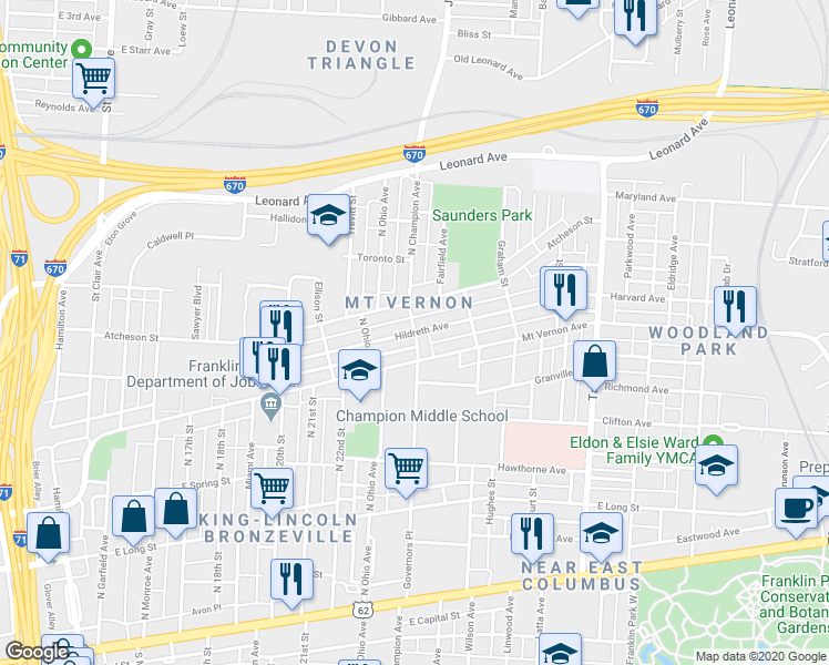 map of restaurants, bars, coffee shops, grocery stores, and more near Hildreth Ave & N Champion Ave in Columbus