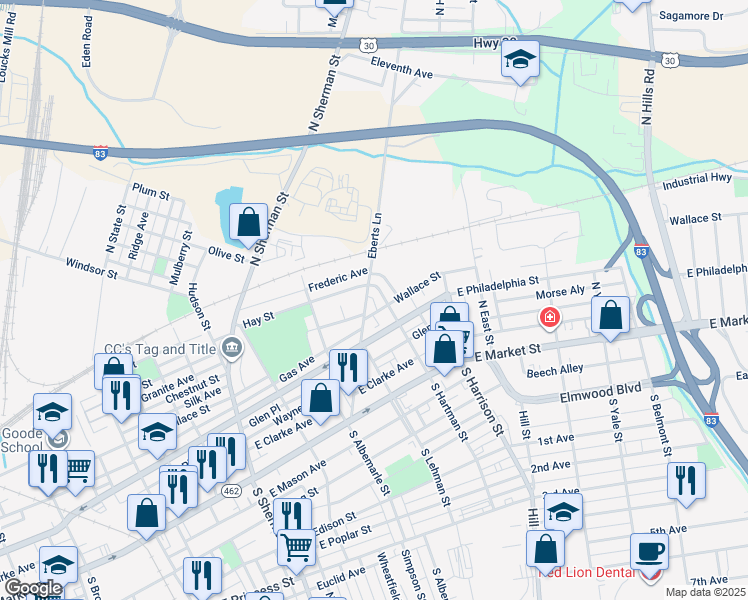 map of restaurants, bars, coffee shops, grocery stores, and more near 217 Eberts Lane in York