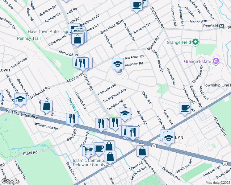 map of restaurants, bars, coffee shops, grocery stores, and more near 22 East Langhorne Avenue in Havertown