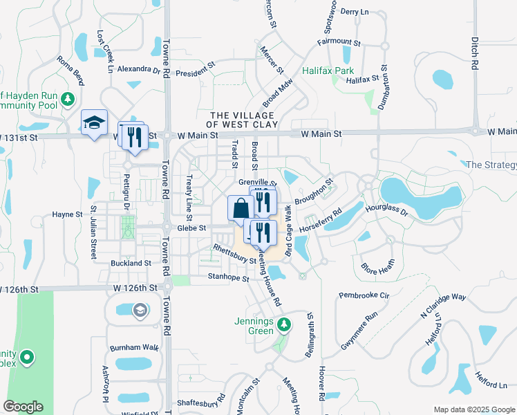 map of restaurants, bars, coffee shops, grocery stores, and more near 12863 Broad Street in Carmel