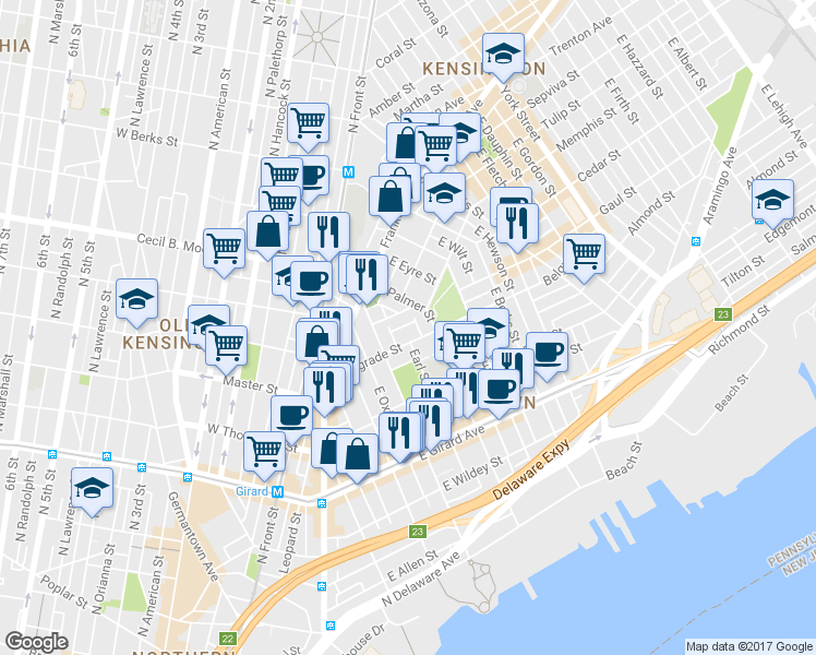 map of restaurants, bars, coffee shops, grocery stores, and more near 444 Miller Street in Philadelphia
