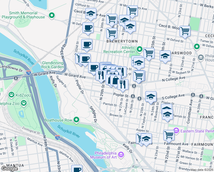 map of restaurants, bars, coffee shops, grocery stores, and more near 2834 Cambridge Street in Philadelphia