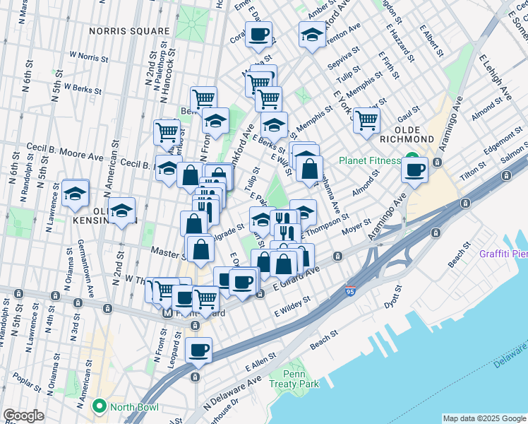 map of restaurants, bars, coffee shops, grocery stores, and more near 1404 East Palmer Street in Philadelphia
