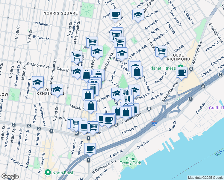 map of restaurants, bars, coffee shops, grocery stores, and more near 444 Miller Street in Philadelphia