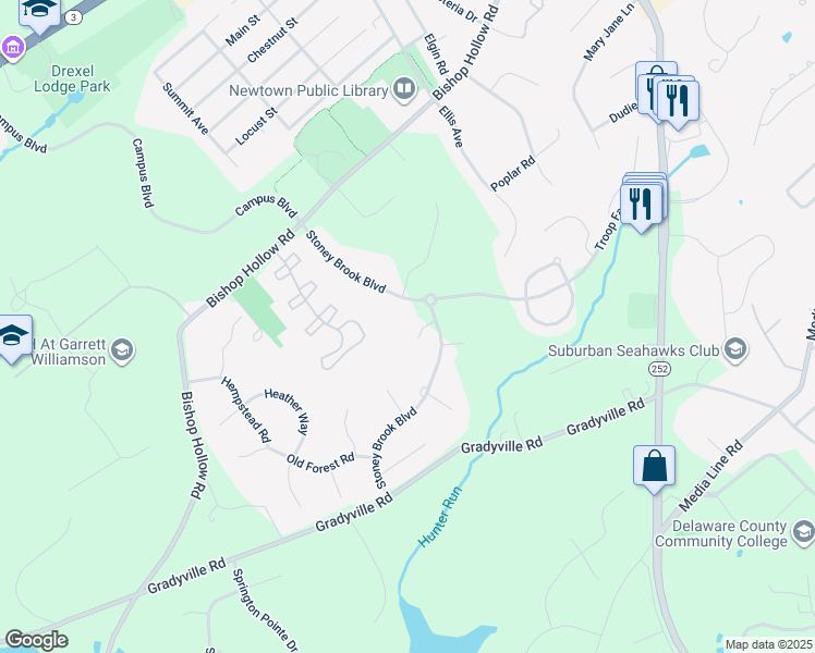 map of restaurants, bars, coffee shops, grocery stores, and more near 4 Rose Glen Court in Newtown Square