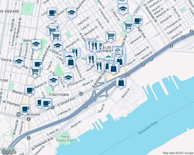 map of restaurants, bars, coffee shops, grocery stores, and more near 870 Moyer Street in Philadelphia