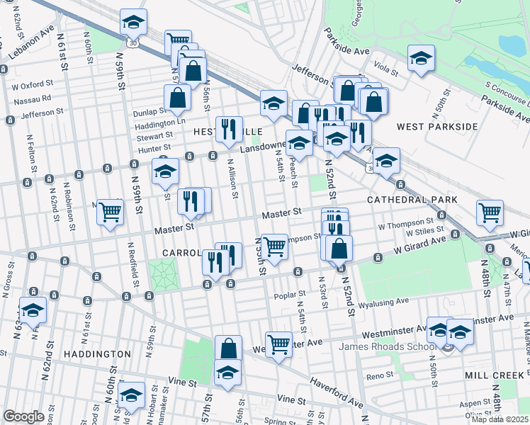 map of restaurants, bars, coffee shops, grocery stores, and more near 5437 Master Street in Philadelphia