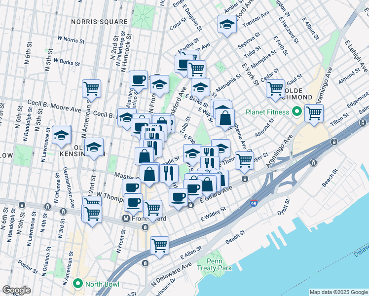map of restaurants, bars, coffee shops, grocery stores, and more near 446 Miller Street in Philadelphia
