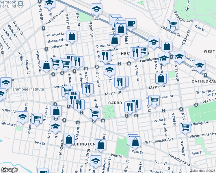 map of restaurants, bars, coffee shops, grocery stores, and more near 1437 North Wanamaker Street in Philadelphia