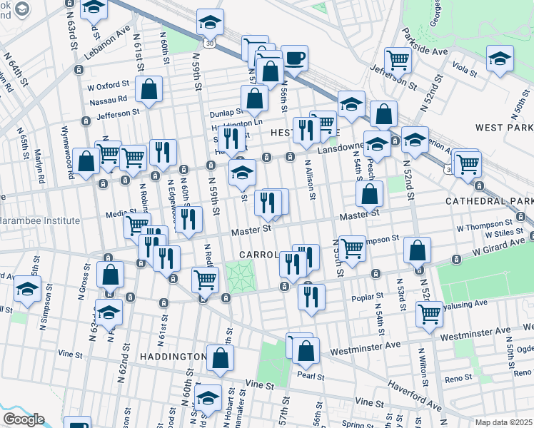 map of restaurants, bars, coffee shops, grocery stores, and more near 1428 North 57th Street in Philadelphia