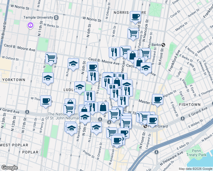 map of restaurants, bars, coffee shops, grocery stores, and more near 1442 North 4th Street in Philadelphia