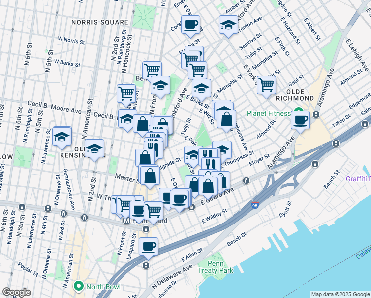 map of restaurants, bars, coffee shops, grocery stores, and more near 446 Miller Street in Philadelphia