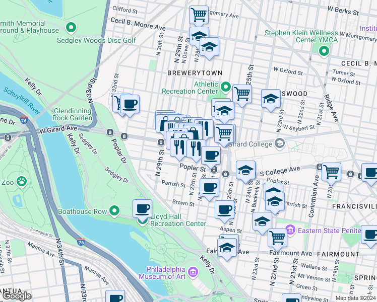 map of restaurants, bars, coffee shops, grocery stores, and more near 2731 West Harper Street in Philadelphia