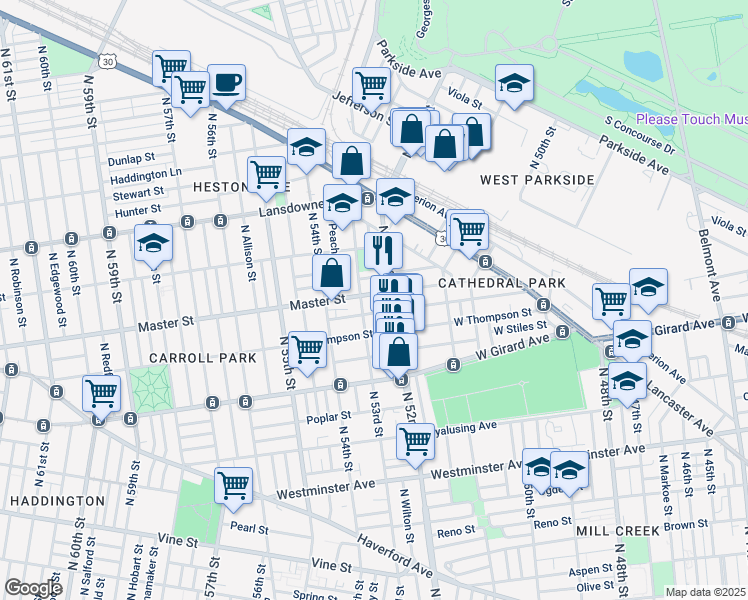 map of restaurants, bars, coffee shops, grocery stores, and more near 5220 Master Street in Philadelphia
