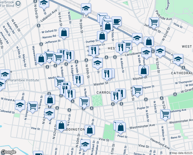 map of restaurants, bars, coffee shops, grocery stores, and more near 1437 North Wanamaker Street in Philadelphia