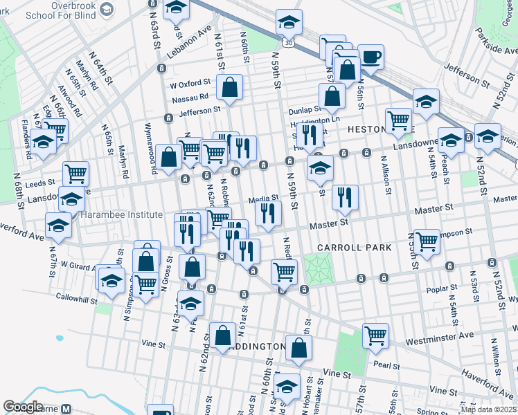 map of restaurants, bars, coffee shops, grocery stores, and more near 1432 North 60th Street in Philadelphia