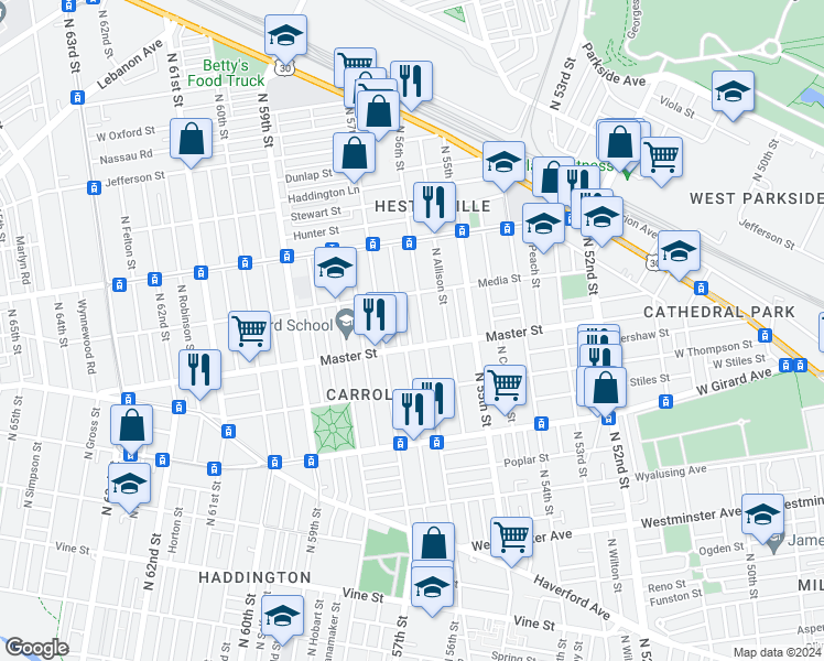 map of restaurants, bars, coffee shops, grocery stores, and more near 1419 North Ithan Street in Philadelphia