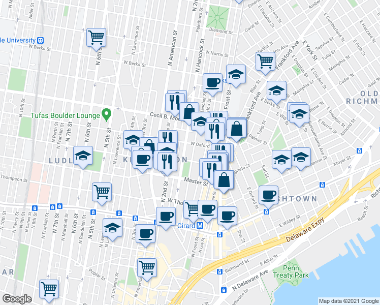 map of restaurants, bars, coffee shops, grocery stores, and more near 1516 North Mascher Street in Philadelphia