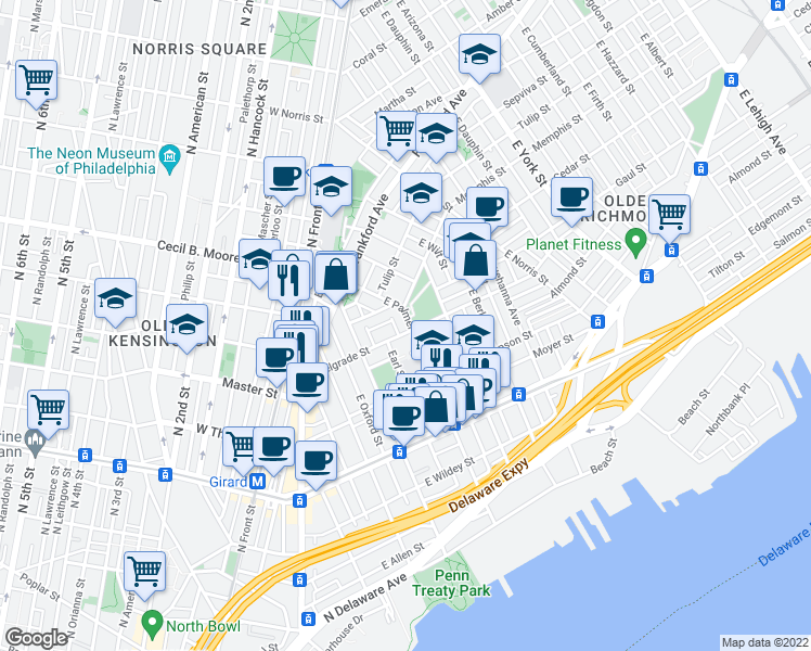 map of restaurants, bars, coffee shops, grocery stores, and more near 1404 East Palmer Street in Philadelphia