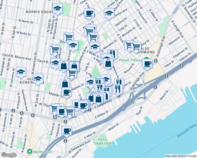 map of restaurants, bars, coffee shops, grocery stores, and more near 530 Belgrade Street in Philadelphia