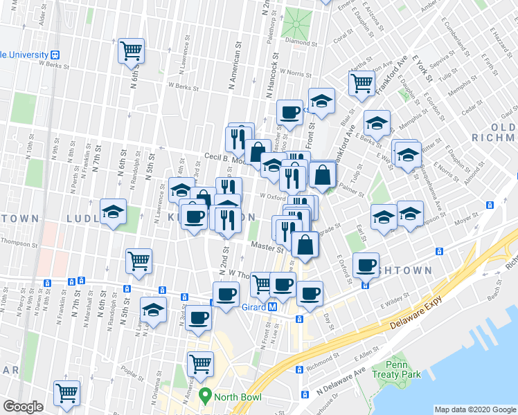 map of restaurants, bars, coffee shops, grocery stores, and more near 1516 North Mascher Street in Philadelphia