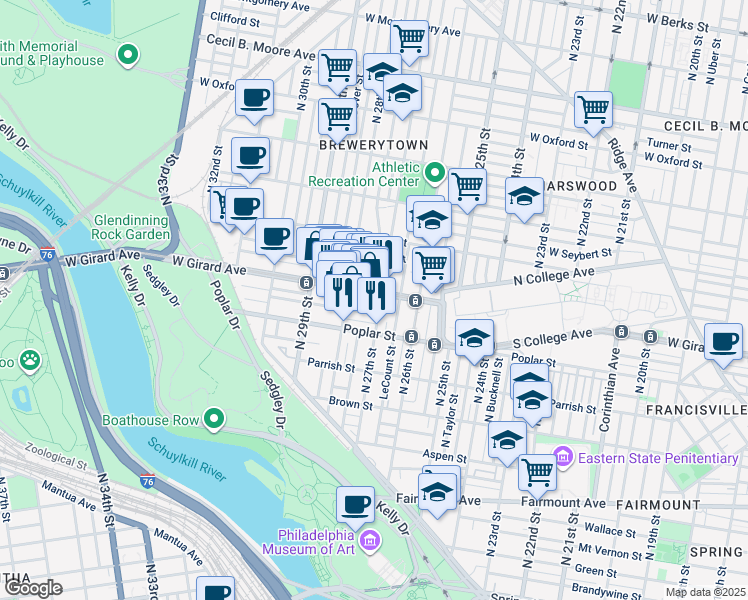 map of restaurants, bars, coffee shops, grocery stores, and more near 2704 West Girard Avenue in Philadelphia