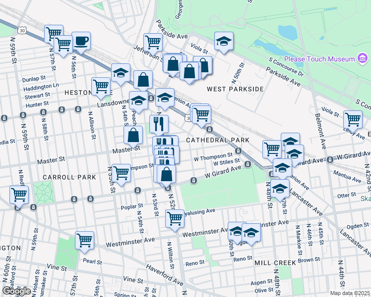 map of restaurants, bars, coffee shops, grocery stores, and more near 5111 Kershaw Street in Philadelphia