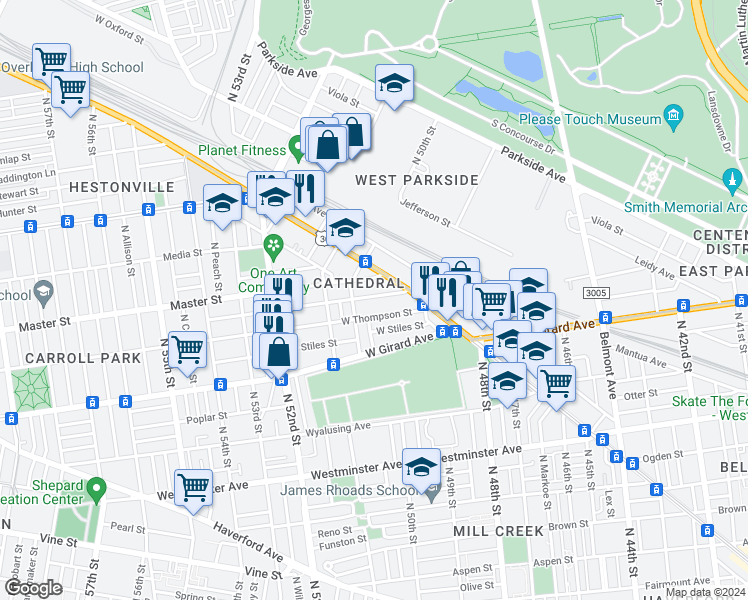 map of restaurants, bars, coffee shops, grocery stores, and more near 4950 Kershaw Street in Philadelphia