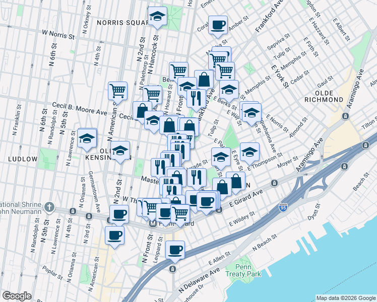 map of restaurants, bars, coffee shops, grocery stores, and more near in Philadelphia