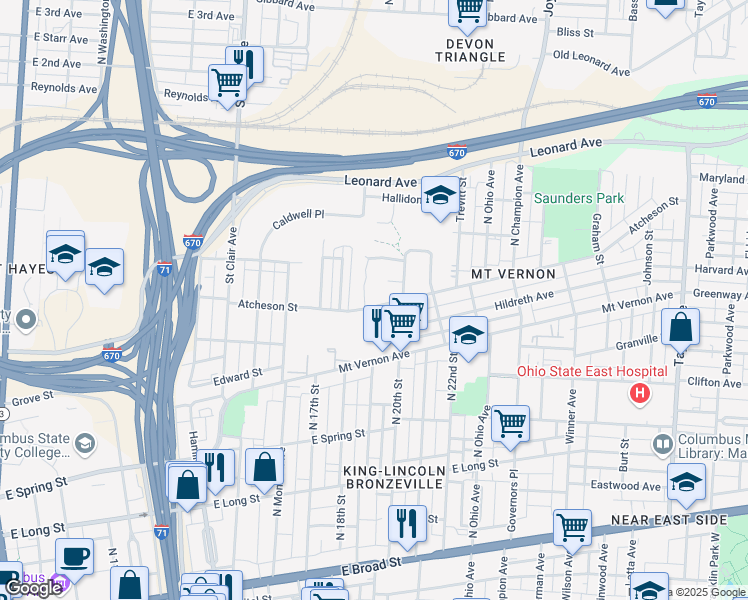 map of restaurants, bars, coffee shops, grocery stores, and more near 1056 Atcheson Street in Columbus