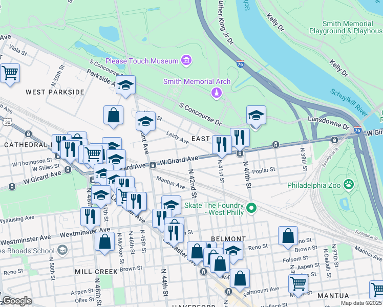 map of restaurants, bars, coffee shops, grocery stores, and more near 4135 West Girard Avenue in Philadelphia